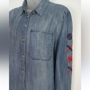 Velvet Heart Embroidered Flowers on Blue Long Sleeve Button Down Shirt